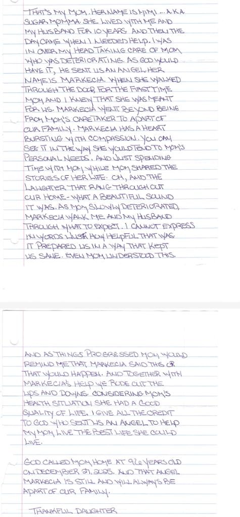 Handwritten letter from a grateful daughter describing how MECC caregiver Markecia became part of their family while caring for her mother Mimi
